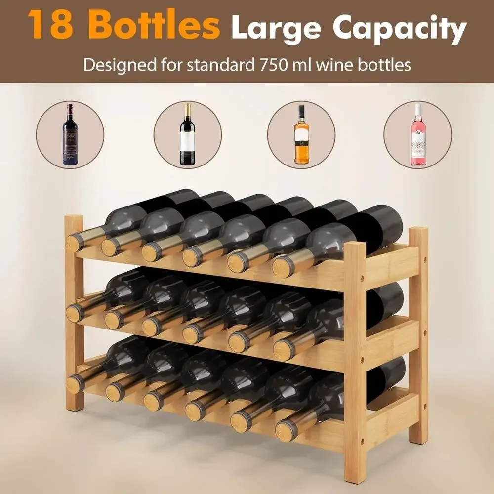 Giantex Bamboo Wine Rack 3 Tier 18 Bottle Freestanding Wine Storage Shelf
